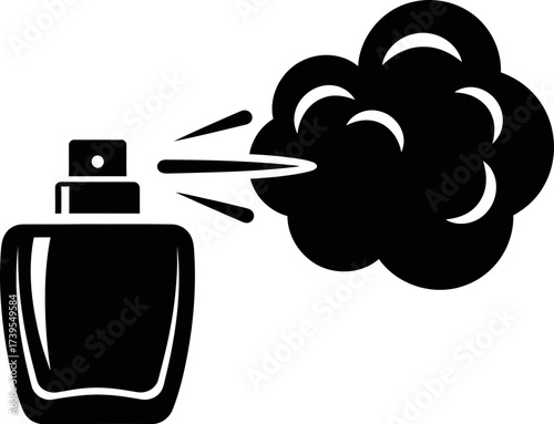 Black icon of a spray bottle with a cloud of mist. Aromatherapy and beauty product concept. Minimalist vector illustration for web design