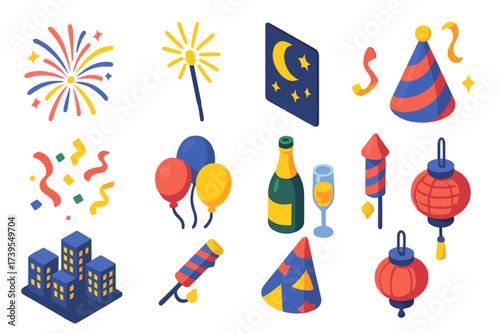 Festive New Year Icons. Isometric vector illustration set New Year Festivity Kit: fireworks burst, sparkler, night sky, party hat,