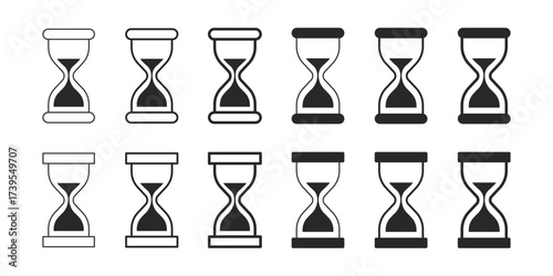 Hourglass set. Collection of sand timers. Minimalist and clean design, isolated on white background. Suitable for infographics, time management concepts, productivity visuals, educational materials.