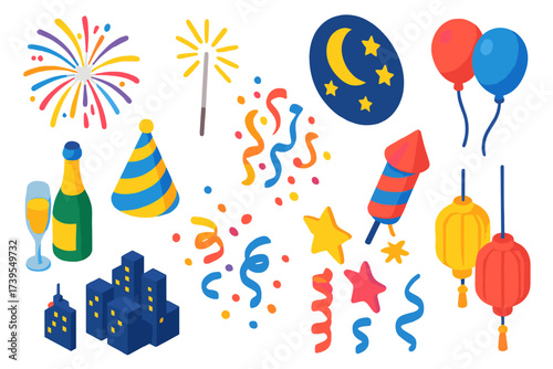 Festive Party Icons. Isometric vector illustration set Festive Party Icons: fireworks burst, sparkler, night sky, party hat,
