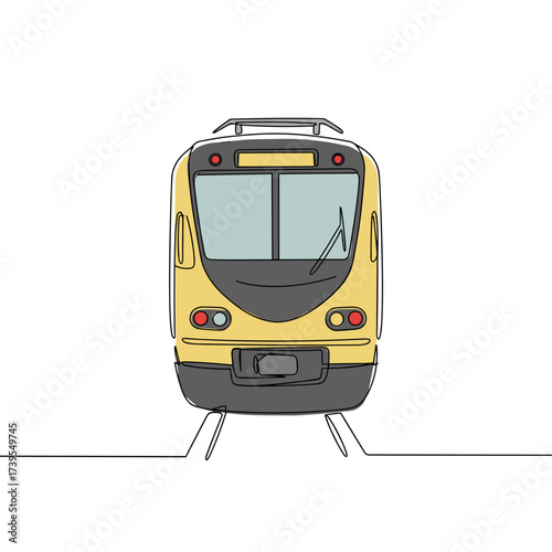 Yellow train front view on tracks in minimalist style  