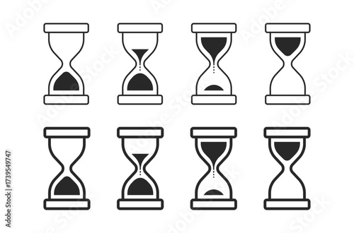 Hourglass set. Collection of sand timers. Minimalist and clean design, isolated on white background. Suitable for infographics, time management concepts, productivity visuals, educational materials.