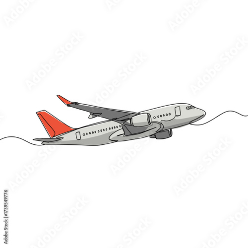 Airplane in flight with red tail against a white background  