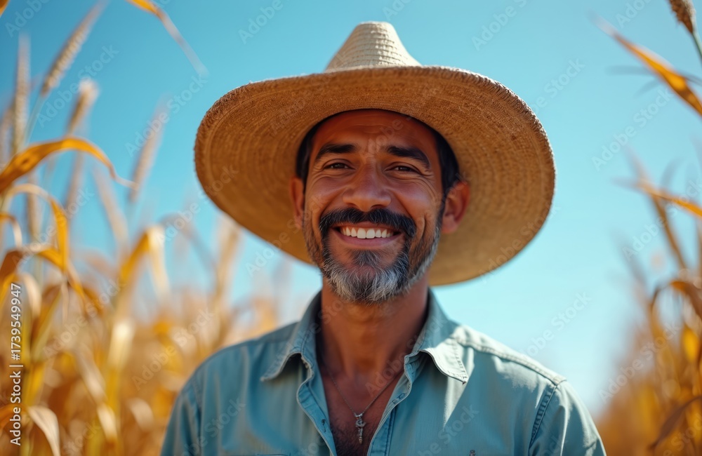 Fototapeta premium Happy adult Latin farmer smiles widely in sunny corn field. Wears straw hat, light shirt. Man works outdoors cultivating maize crop. Truly enjoys harvest season, rural farm life under clear blue