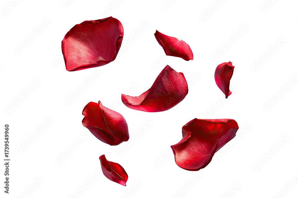 Fototapeta premium Isolated red rose petals scattered on a black background. High contrast, vibrant colors