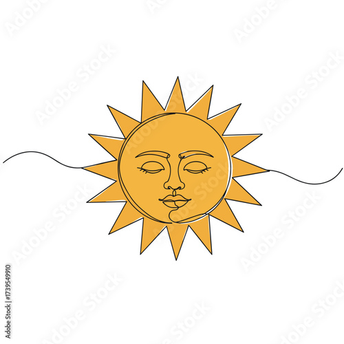 Simple sun illustration with face and rays in yellow color  