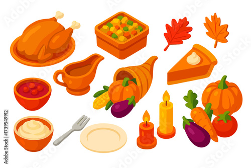 Autumn Holiday Icons. Isometric vector illustration set Autumn Holiday Icons: turkey, gravy, stuffing, pumpkin pie, autumn leaves,