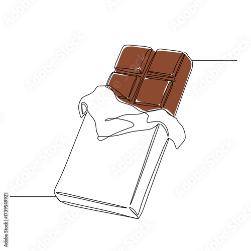 Melting chocolate bar with wrapper in minimalist line art style  