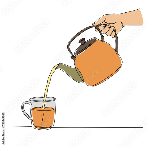 Teapot pouring tea into glass cup on white surface  