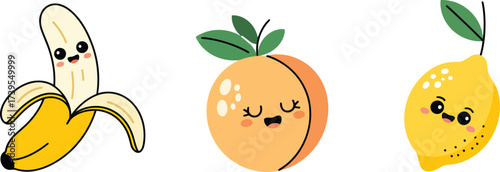 Delightful animated fruits bring a burst of sunshine with a happy banana, sweet peach, and zesty lemon character, perfect for adding joy to any design