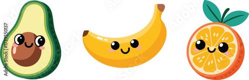 Adorable kawaii fruits smiling together bring cheerful vibes to kids' menus or healthy eating campaigns with an avocado, banana and orange