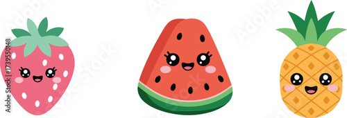 Adorable kawaii fruit characters bursting with summer sweetness and juicy fun, perfect for kids' designs or cheerful summertime promotions