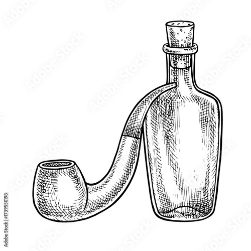 Bottle of alcoholic beverage and smoking pipe. Vector graphic illustration. Hand-drawn black and white image. Ideal for posters, banners, flyers, packaging, and labels.