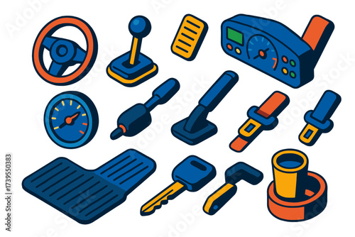 Car Driving Essentials Icons. Isometric vector illustration set Car Driving Essentials: steering wheel, gearshift, pedal,