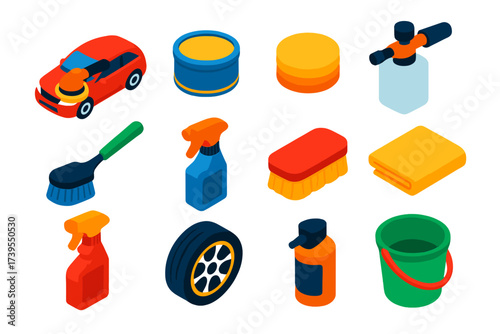 Car Care Essentials. Isometric vector illustration set Auto detailing: Car polish, Wax can, Applicator pad, Foam cannon, Tire