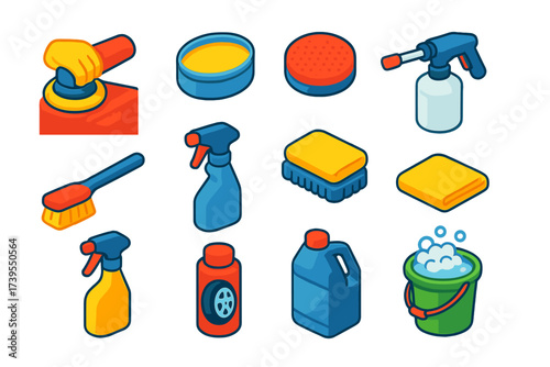Car Care Essentials. Isometric vector illustration set Auto detailing: Car polish, Wax can, Applicator pad, Foam cannon, Tire