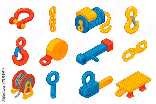 Automotive Tow Kit Essentials. Isometric vector illustration set Automotive tow kit: Tow hook, Tow chain, Winch cable, Hook clasp,