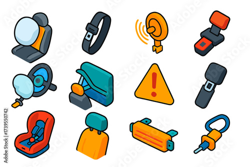 Automotive Safety Features. Isometric vector illustration set Automotive collision safety: Front airbag, Seatbelt strap, Impact