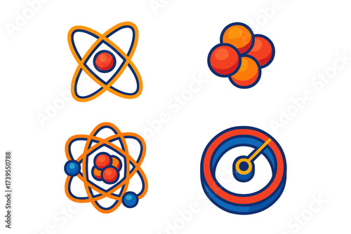 Atomic Structure Icons. Isometric vector illustration set Atomic Structure: hydrogen atom model, helium nucleus, orbital ring