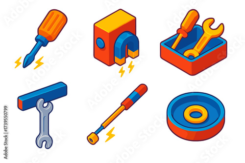 Magnetic Workshop Tools. Isometric vector illustration set Magnetic Tools and Objects: magnetic screwdriver tip, workshop magnet