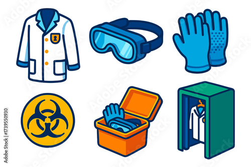 Biotech Lab Gear. Isometric vector illustration set Biotech Lab Uniforms: embroidered lab coat, adjustable strap goggles, textured