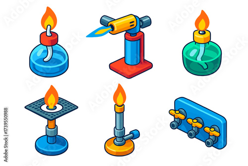 Controlled Flame Devices. Isometric vector illustration set Controlled Flame Devices: alcohol burner with wick, mini blowtorch on