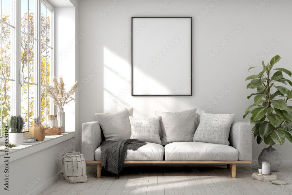 Fototapeta premium mock up poster frame in modern interior background, living room, Scandinavian style, 3D render, 3D illustration