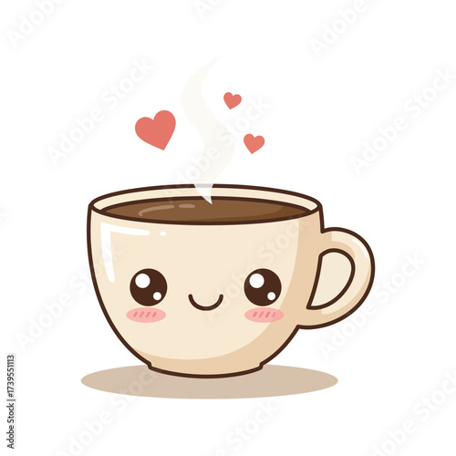 Cute kawaii coffee cup with steam and hearts expressing love and happiness