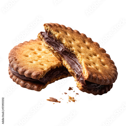 Close-up shot of two golden-brown sandwich cookies with chocolate filling, isolated on black