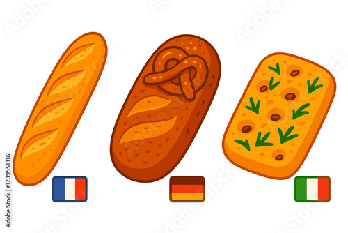 International Breads Icons. Isometric vector illustration set International Breads: French baguette, German pretzel loaf, Italian