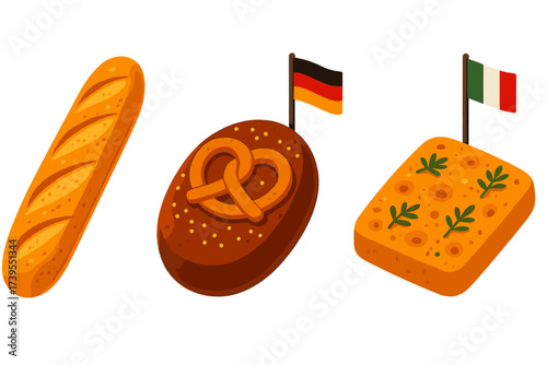 International Breads Icons. Isometric vector illustration set International Breads: French baguette, German pretzel loaf, Italian