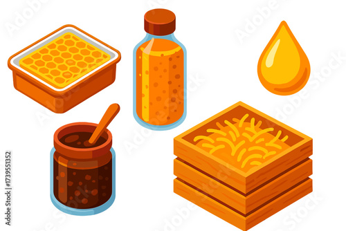 Apiary Product Showcase. Isometric vector illustration set Apiary Product Display: raw comb in package, infused honey bottle,