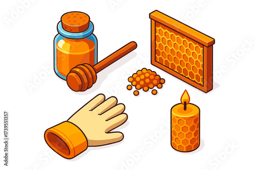 Beekeeping Tools Icons. Isometric vector illustration set Beekeeping Honey Tools: honey jar with cork top, spiral wooden dipper