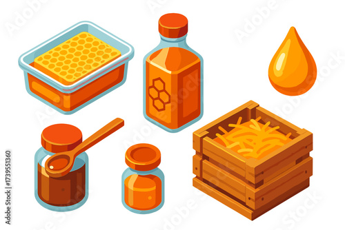 Apiary Product Showcase. Isometric vector illustration set Apiary Product Display: raw comb in package, infused honey bottle,