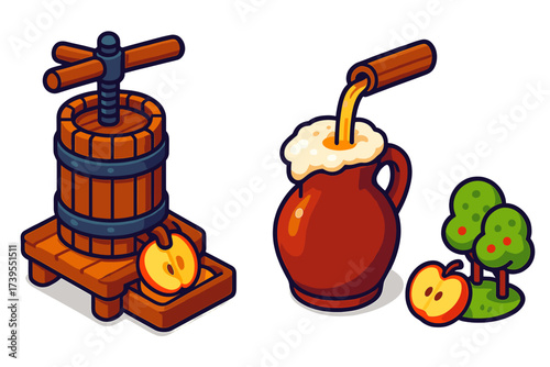 Cider Press Icons. Isometric vector illustration set Cider Press and Jug: wooden cider press, jug filling up, sliced apples under