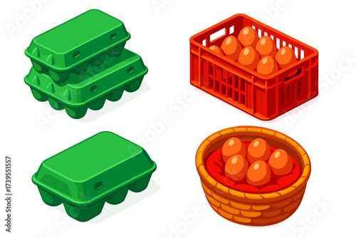 Egg Packing Illustration. Isometric vector illustration set Egg Packing and Delivery: stack of egg cartons, delivery crate with