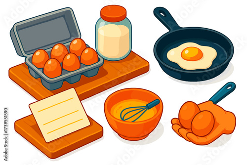Farm Eggs Journey. Isometric vector illustration set Farm-to-Kitchen Eggs: carton beside skillet with cracked egg, bowl with