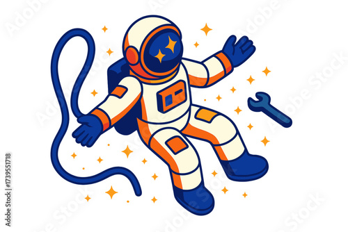 Astronaut Drifting in Space. Isometric vector illustration set Zero Gravity Scene: astronaut drifting in space, helmet with star