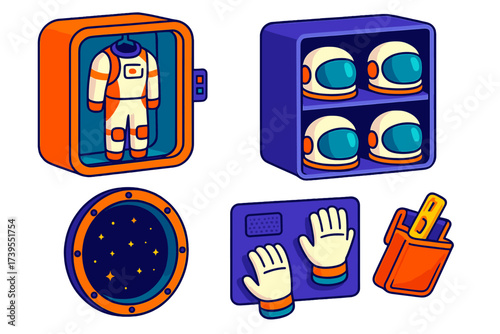 Space Habitat Isometric Interior. Isometric vector illustration set Space Habitat Interior: suit hanging inside airlock, helmet