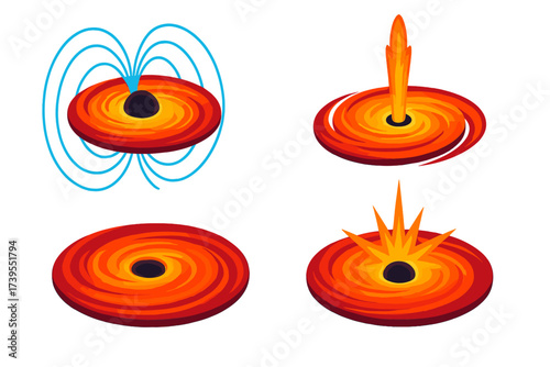 Black Hole Energy Burst. Isometric vector illustration set Black Hole Accretion Disk: bright glowing disk around center, heated