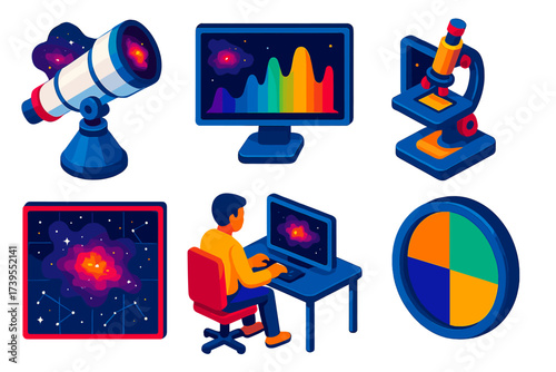 Nebula Observation Tools. Isometric vector illustration set Nebula Observation Tools: telescope imaging colored clouds,
