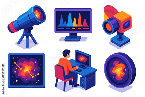 Nebula Observation Tools. Isometric vector illustration set Nebula Observation Tools: telescope imaging colored clouds,