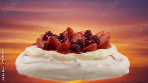 Gourmet Pavlova Meringue Cake with Fresh Berries and Syrup Drizzle.