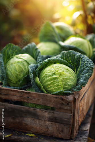 Freshly harvested cabbages in a rustic wooden crate at sunset