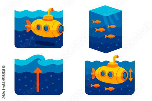 Isometric Submarine Adventure. Isometric vector illustration set Submarine and Ocean Layers: submarine floating between