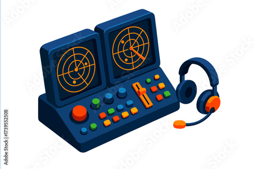 Vibrant Radar Control Console. Isometric vector illustration set Radar Control Console: dual screens with sweep lines, control