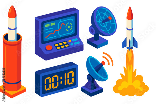 Isometric Missile Launch Platform. Isometric vector illustration set Launch and Guidance Platform: vertical missile launch tube,