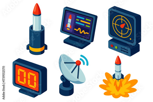Isometric Missile Launch Platform. Isometric vector illustration set Launch and Guidance Platform: vertical missile launch tube,