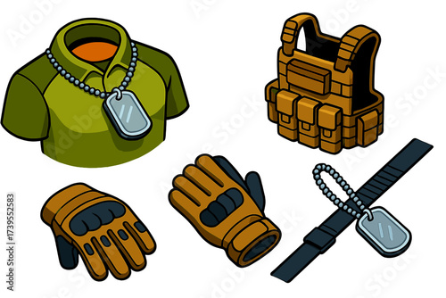 Tactical Wear Set. Isometric vector illustration set Tactical Wear with Dog Tags: tags over combat shirt, chain partly under