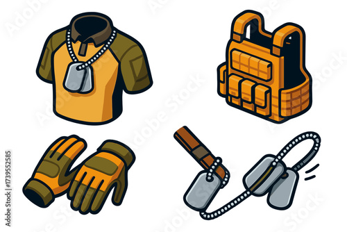 Tactical Wear Set. Isometric vector illustration set Tactical Wear with Dog Tags: tags over combat shirt, chain partly under